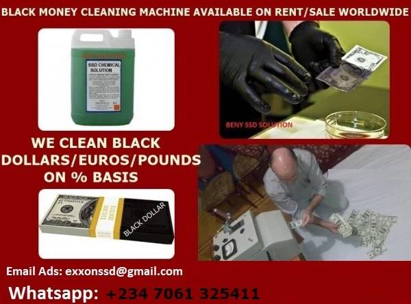 Green SSD chemical solution jug, black money bundles, gloves cleaning bills, and a person sorting cash on a bed.